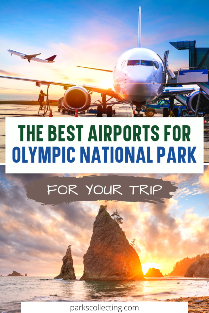Above is a photo of 2 airplanes, and below is an image of a rock in the middle of the ocean with the text that says The best airports for Olympic National Park for your trip.