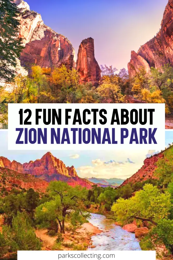 Two photos: Above huge rock formations, and below are trees; and below is a river surrounded by trees and bushes and red rock mountains, with the text that says 12 Fun Facts About Zion National Park.
