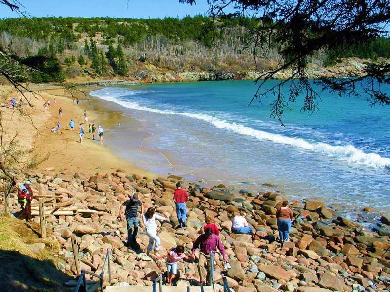People in the side of the beach of the blue ocean and behind are trees no Sand Beach in Acadia National Park