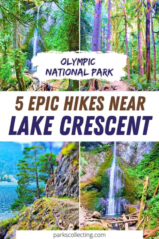 Four photos: Waterfall surrounded by trees; small road surrounded by trees, rock cliffs beside the blue oceans and waterfall surrounded by rocks, trees, and logs, with the text in the middle that says OLYMPIC NATIONAL PARK 5 EPIC HIKES NEAR LAKE CRESCENT