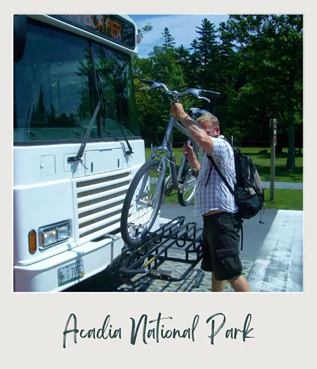 james Putting biycle on front of Island Explorer shuttle in Acadia National Park