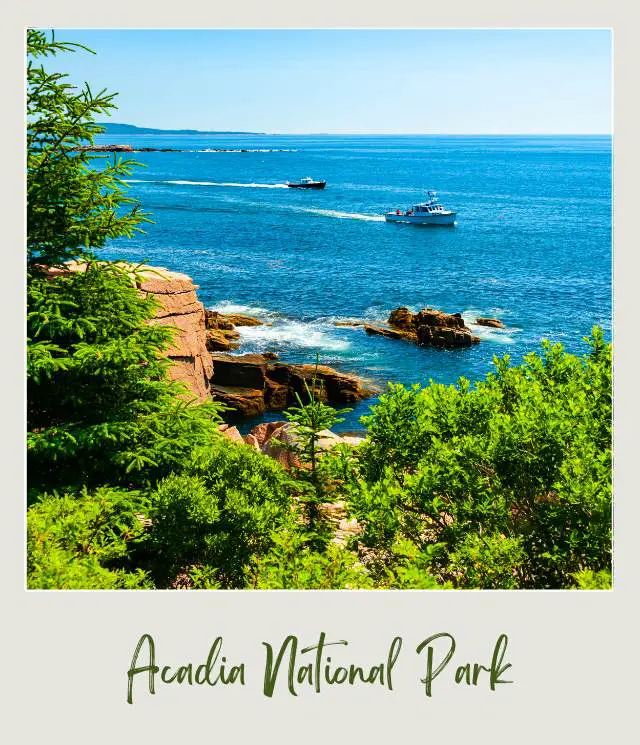 Two small boats in the middle of the ocean in front of rocky cliffs and trees in Acadia National Park