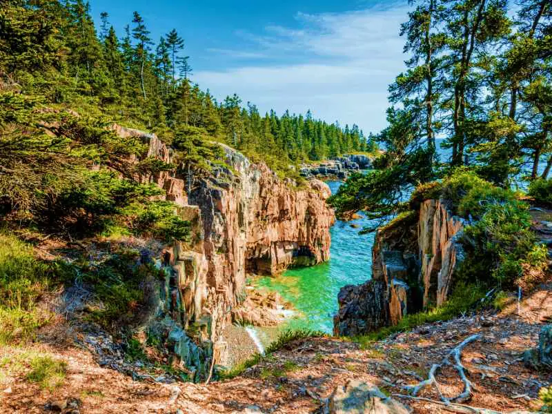 Ocean surrounded by rock cliffs and trees in Acadia National Park