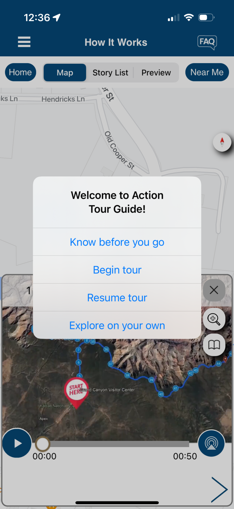 Action Tour Guide screenshot of initial menu