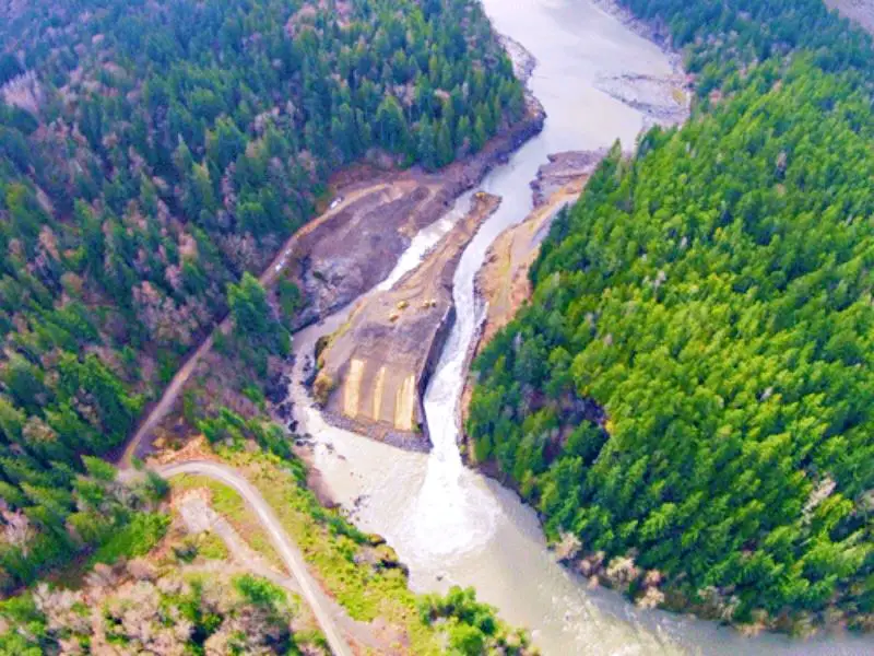 Aerial view of Elwha Dam before the left channel is filled in March 2012