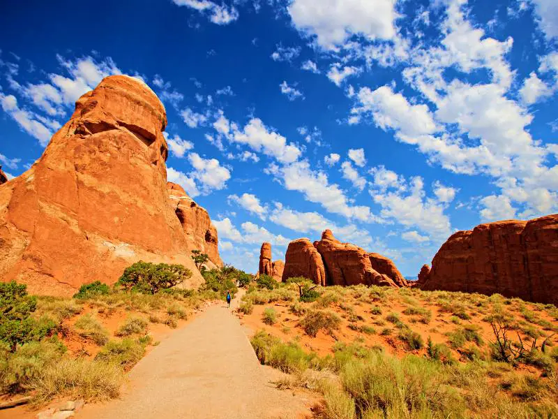 A person walking, surrounded by huge rock formations and bushes under the blue sky in Arches National Park