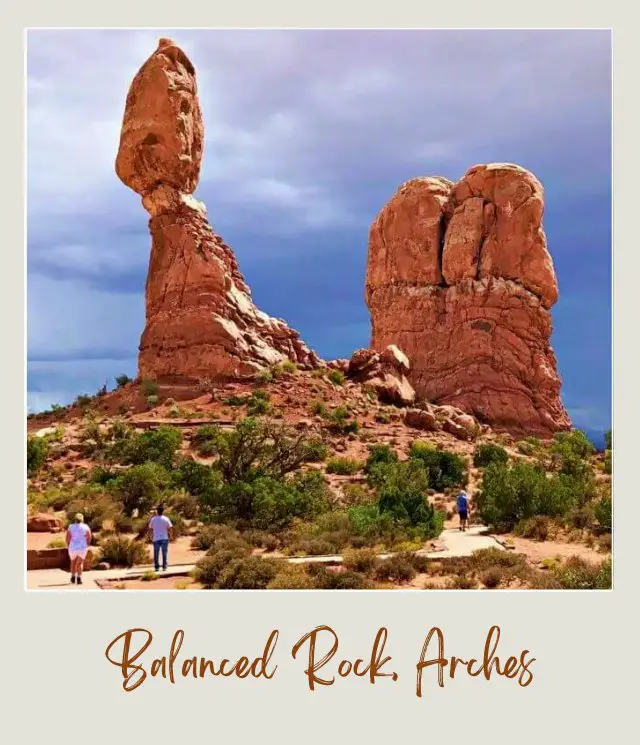 View of two huge rock formations at Balanced Rock in Arches National Parl.