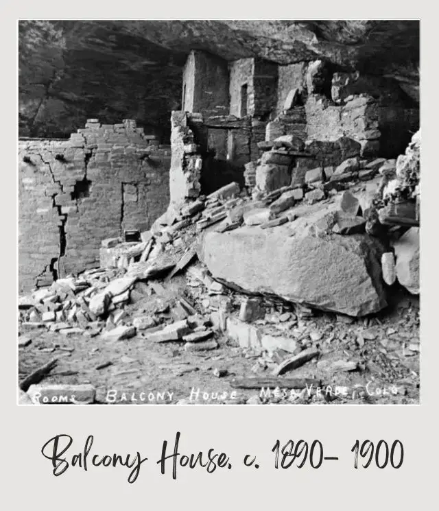 Black and white image of old rock structure in Mesa Verde National Park.