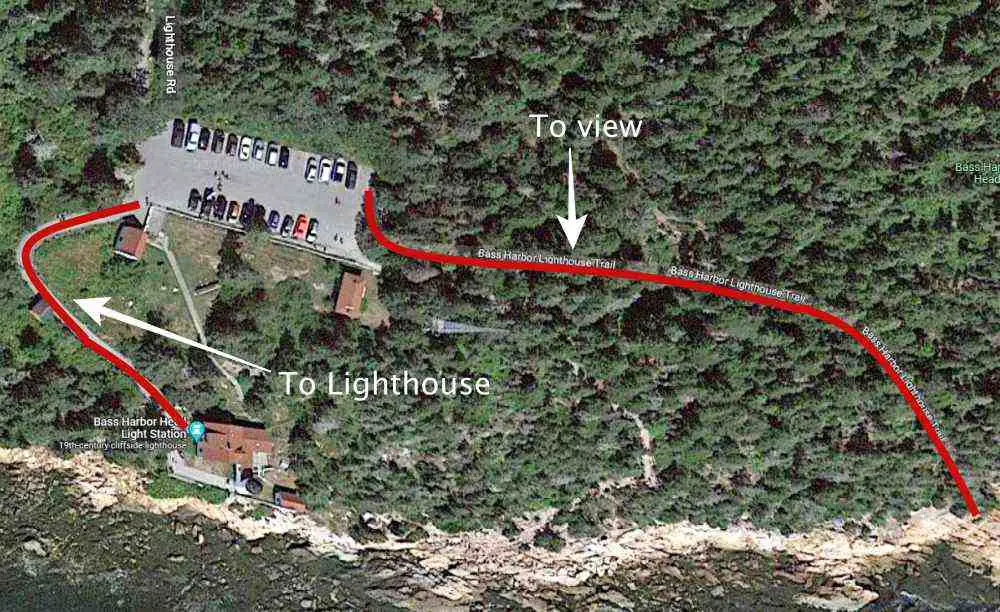 aerial photo of Bass Harbor Head Lighthouse in Acadia National Park and parking and trails
