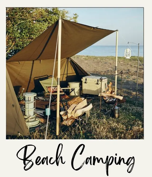 20 Beach Camping Tips for First Timers tent on beach with awning and equipment