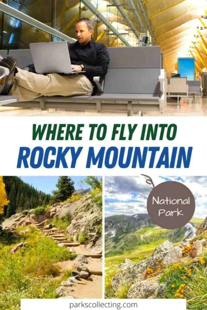 Three photos: above is a man sitting in the airport with His laptop on his thigh. Below, on the left side, is a photo of a rocky road surrounded by trees, and on the right side is a photo of mountains surrounded by flowers and grasses with the text in the middle that says, "where to fly into rocky mountain national park."