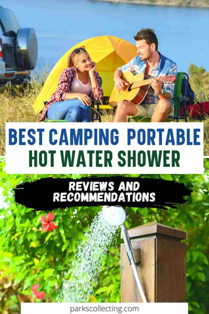people sitting in front of tent while camping and photo of outdoor shower with title of post on