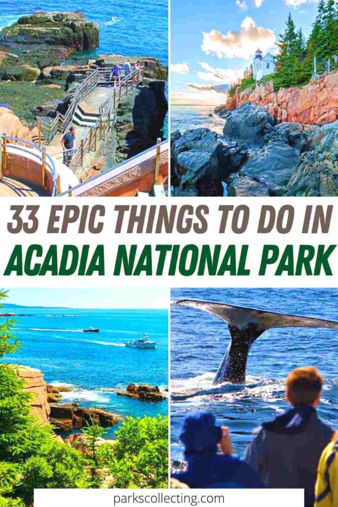 4 photos of walkway on rocky cliff; rocky shoreline; ocean and boats near shore; whale. with text "33 epic things to do in acadia national par"