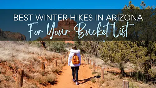 A woman is walking between an enclosed area of trees and dead grasses. Its surroundings are monuments of large rocks with the text, Best Winner Hikes in Arizona For Your Bucket List.