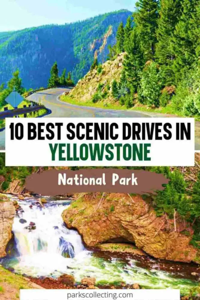 Two photos: a bent road surrounded by trees and mountains, and below a photo of falls surrounded by trees and rocks with the text that says 20 best scenic drives in Yellowstone National Park.