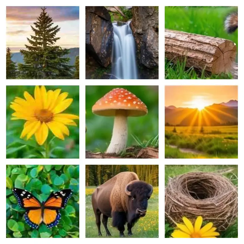 Bingo card with 9 squares -pine tree, waterfall, log, yellow flower, mushroom, sunrise, butterfly, bison, and birds nest