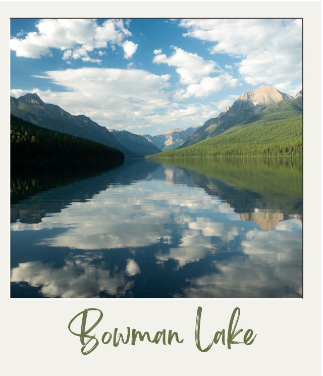 How Many Days Do You Need in Glacier National Park? Bowman lake with surrounding hills and clouds reflected in it