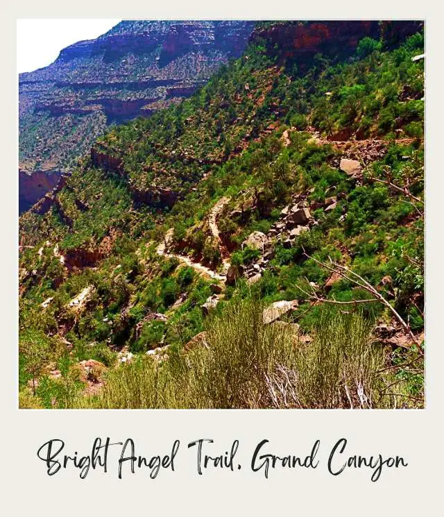 View of Bright Angel Trail going along the cliffside inside Grand Canyon National Park.