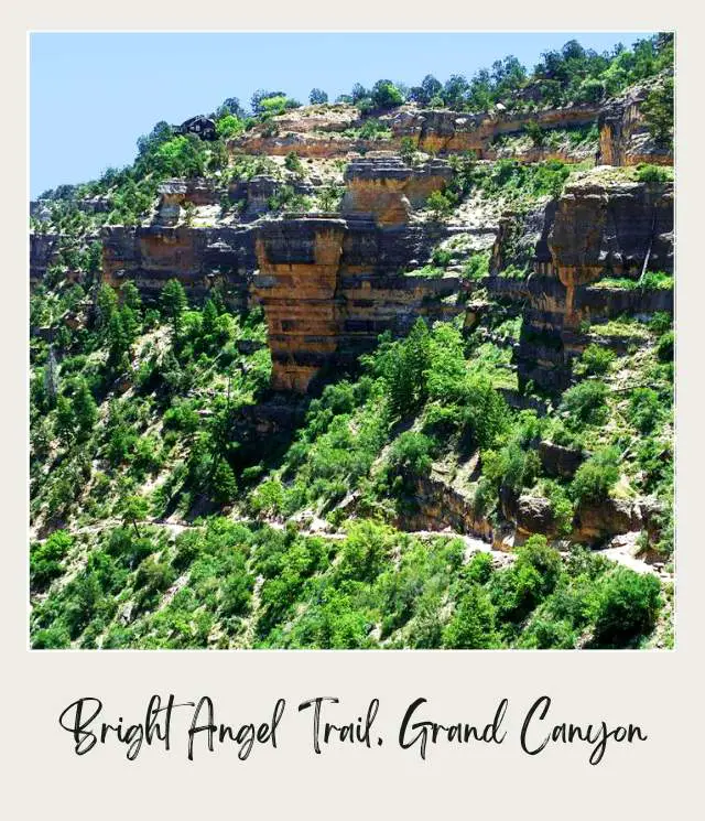 View of Bright Angel Trail going along the cliffside inside Grand Canyon National Park.