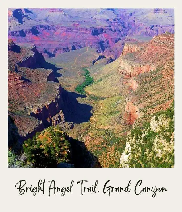 Aerial view of mountains, bushes and trees in Bright Angel Trail in Grand Canyon National Park.