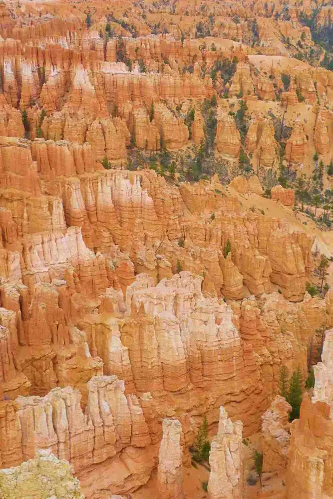 Aerial view of a huge red rock formation surrounded by trees in Bryce Canyon National Park