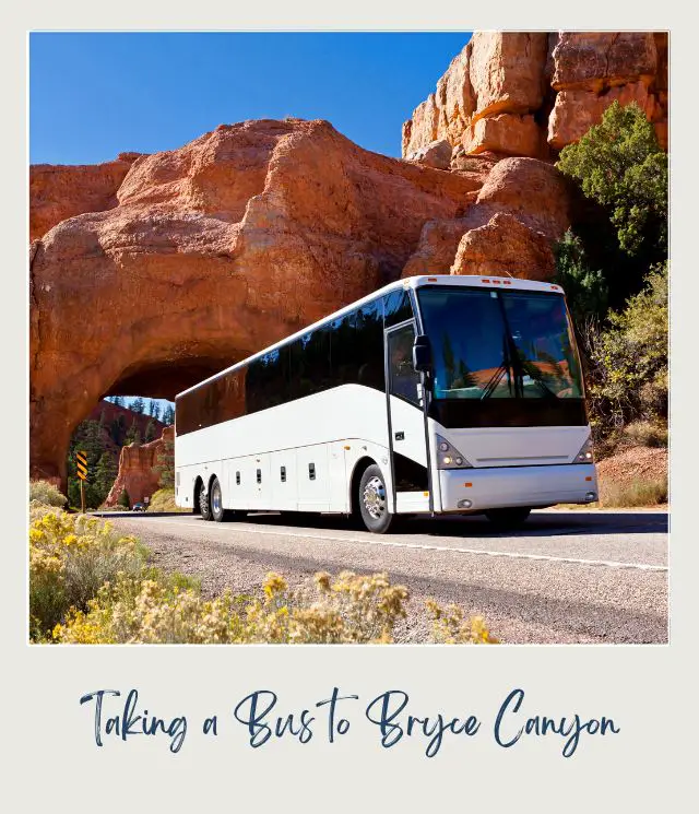 View of a white bus passing through a rock tunnel in Bryce Canyon National Park