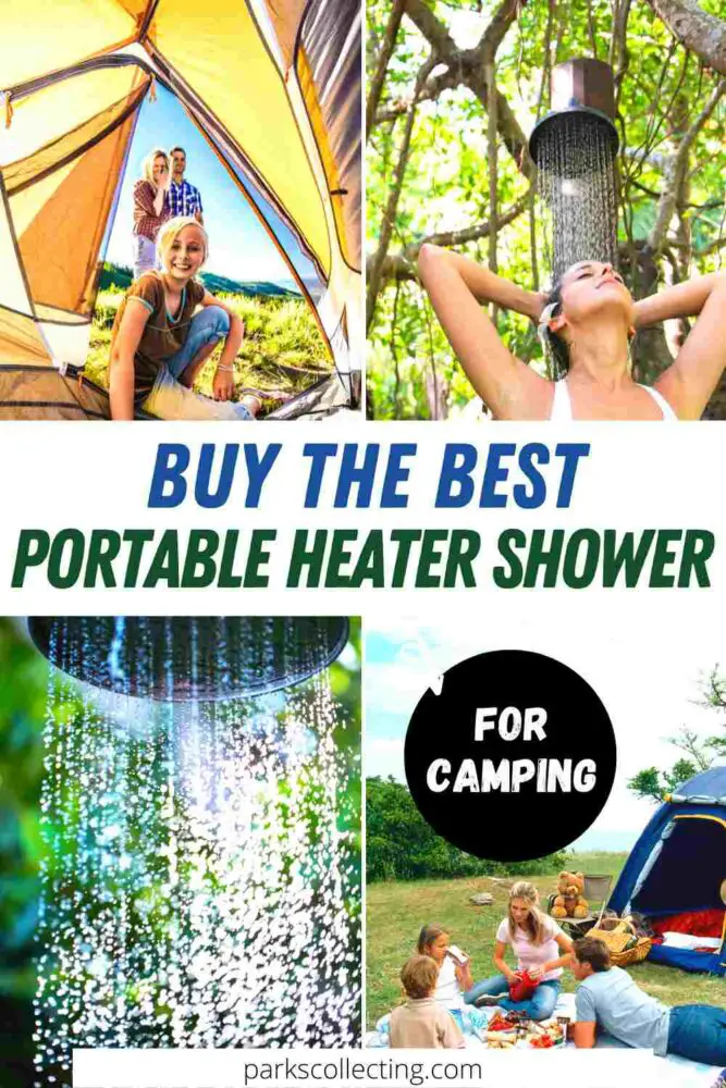 4 pictures of people camping and using outdoor showers for heading on