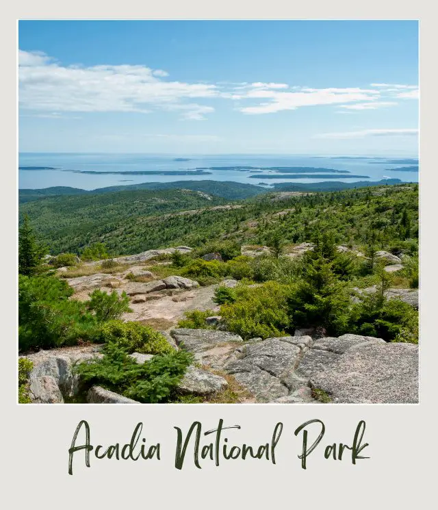 A picture of a rock with an overlooking scenery of mountains, oceans and trees in Acadia National Park.