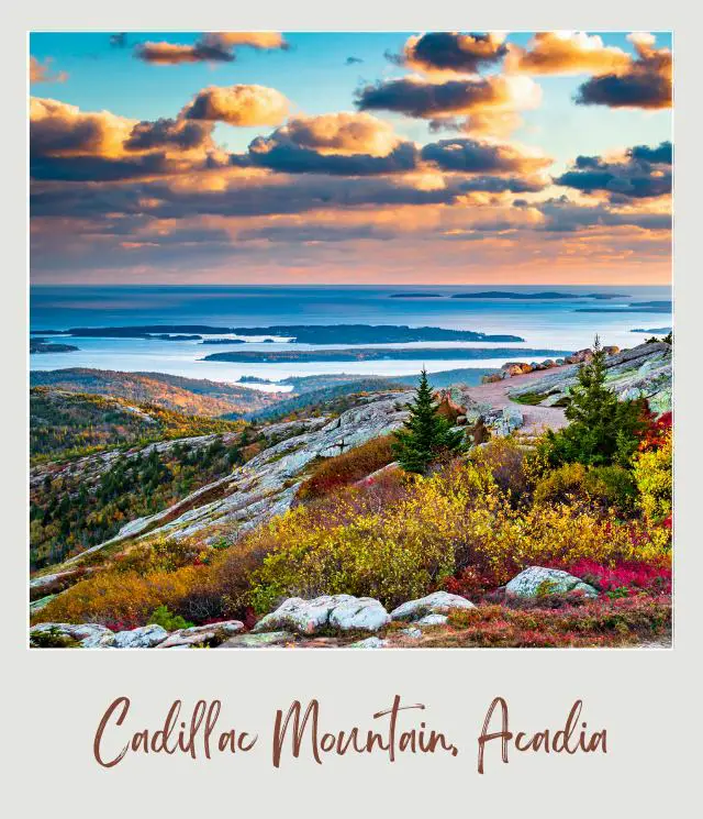 A photo of a mountain surrounded by colorful plants and trees, and behind is the ocean below the bright clouds in Acadia National Park