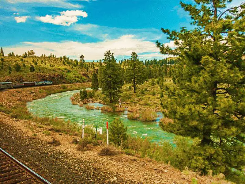 A photo of a train beside the river surrounded by trees near Yellowstone National Park