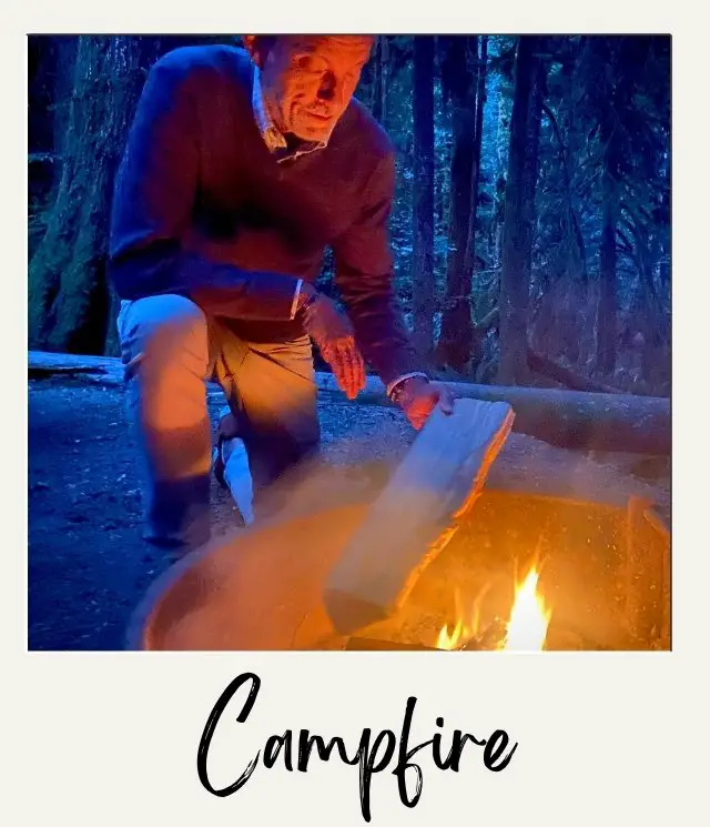 person putting log of wood on campfire in national park at night