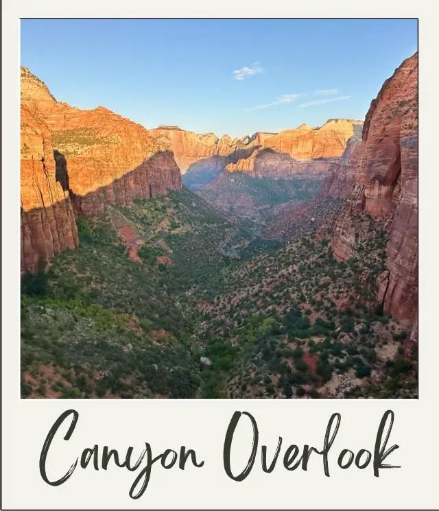 The 5 Best Easy Hikes in Zion National Park wide canyon view with sunlight on top part of the ;eft cliff seen form Canyon Overlook in Zion National Park at sunrise