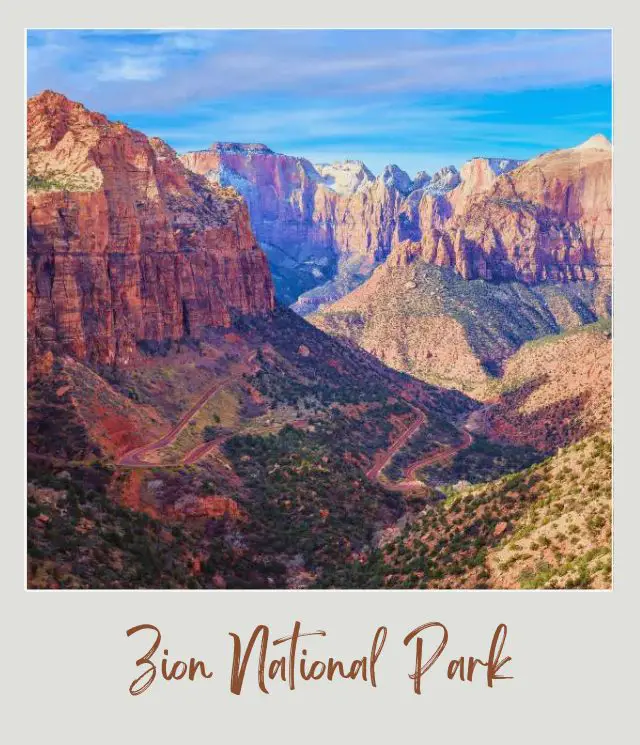 How To Get To Zion National Park: Complete Guide An overlooking Canyon with steep sides, a long road with trees below in Canyon Overlook Zion National Park.