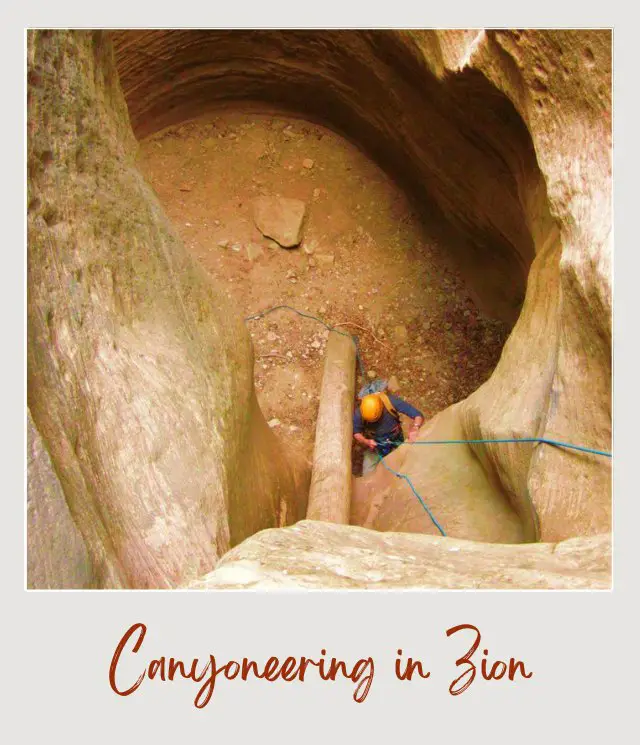 Canyoneering In Zion National Park: Complete Guide A person going down using a rope in a deep hole in Zion National Park.
