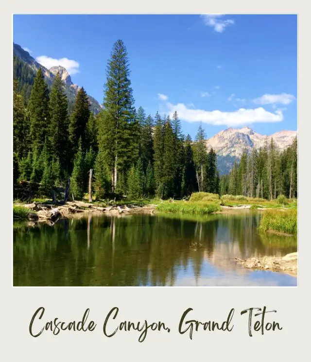 View of lake sorrounded by trees and behind are mountains in Cascade Canyon in Grand Teton National Park