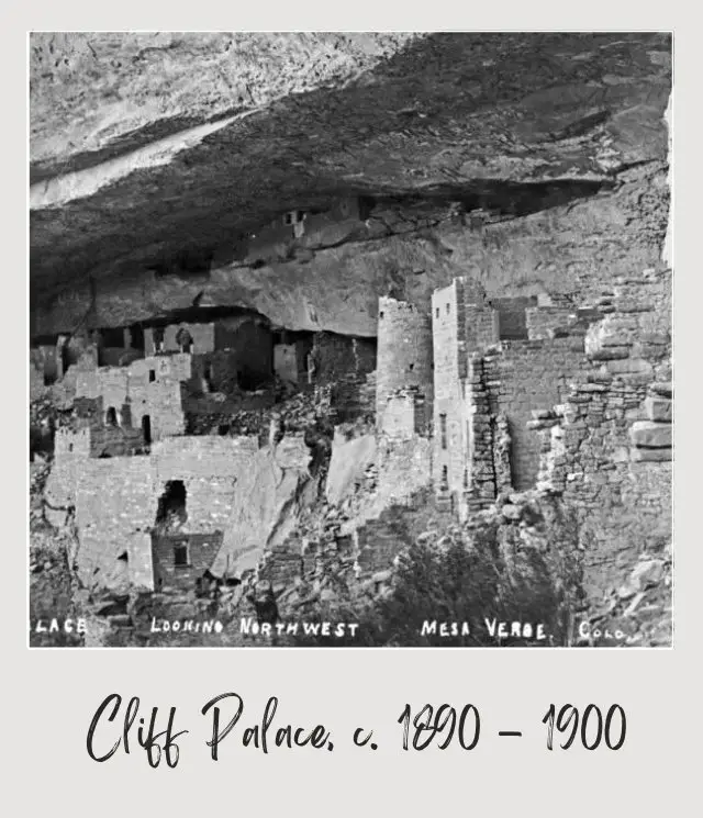 Black and white image of old rock structure in Mesa Verde National Park.