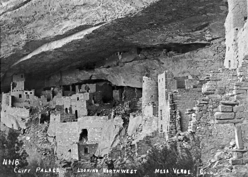 Black and white image of old rock structure in Mesa Verde National Park.