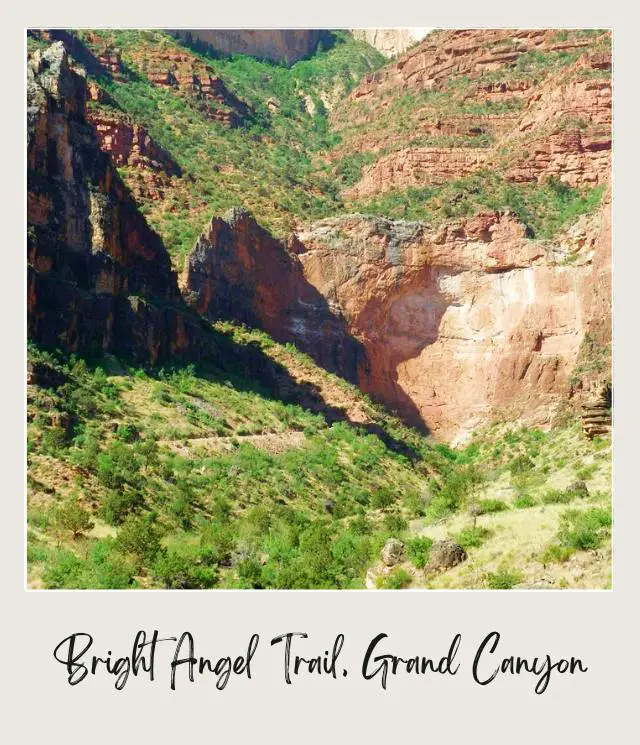 View of cliffs of rock mountains in Bright Angel Trail in Grand Canyon National Park.