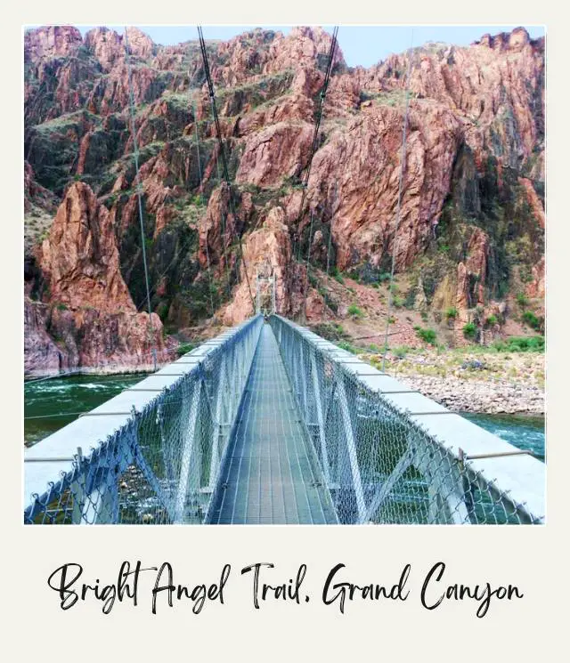 View of the silver bridge above the river at the bottom of Bright Angel Trail in Grand Canyon National Park.