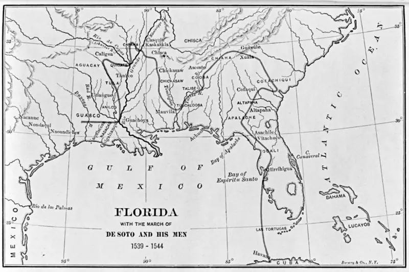Black and White image of Map with the text below that says FLORIDA with the March of De Soto and His Men 1539-1544