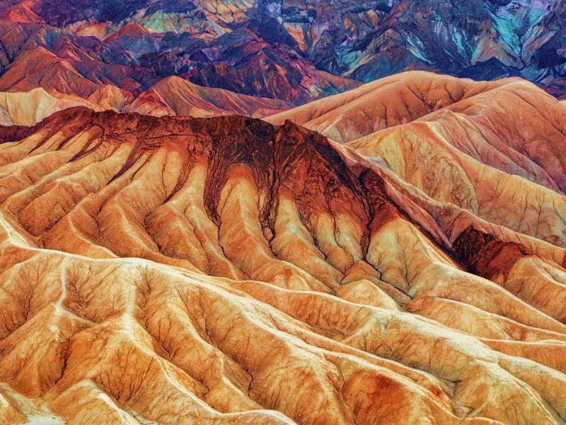 Aerial view of mountain ranges in Death Valley National Park.