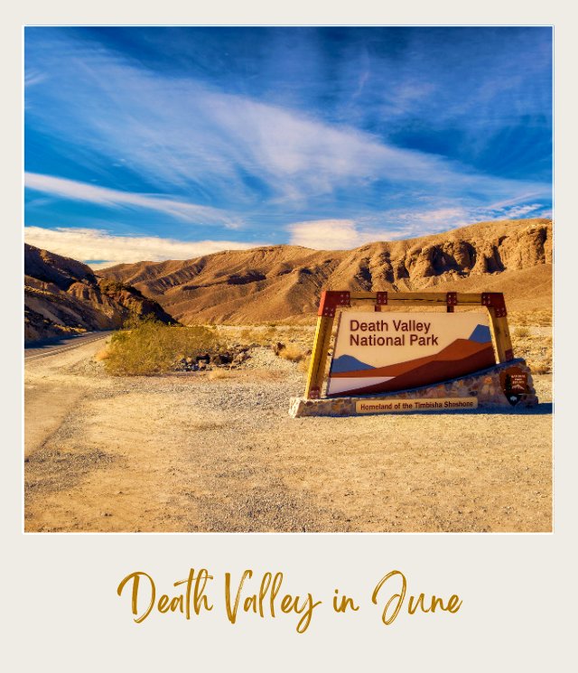 View of Death Valley signage surrounded by mountains under the blue skies in Death Valley National Park.