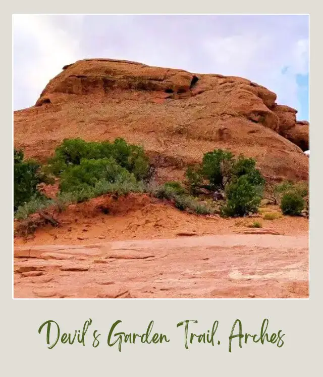 View of huge rock formations, bushes, and wooden signage in Devils Garden in Arches National Park.