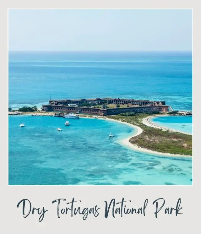 Breathtaking aerial view of Dry Tortugas National Park, showcasing the majestic Fort Jefferson standing tall against the backdrop of the turquoise waters and pristine white sand beaches