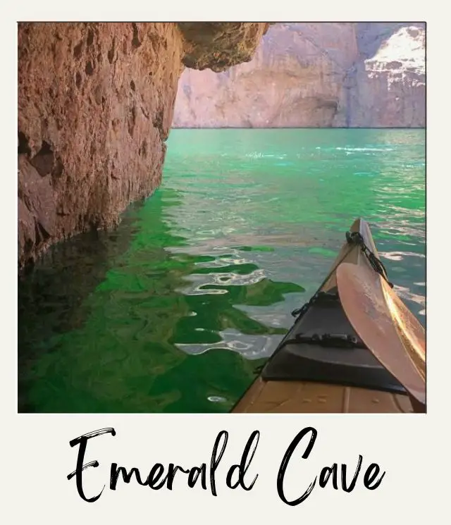 The 10 Best Day Trips from Las Vegas For Nature Lovers front of kayak in green water and rock cliffs at Emerald Cave