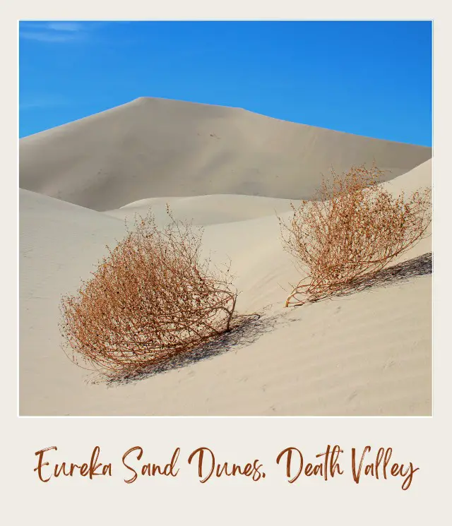 Sand forming mountain and below are small brown bushes in Death Valley National Park.