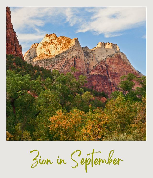 Zion National Park in September featuring towering sandstone cliffs, early fall foliage, and scenic autumn landscapes in Utah.