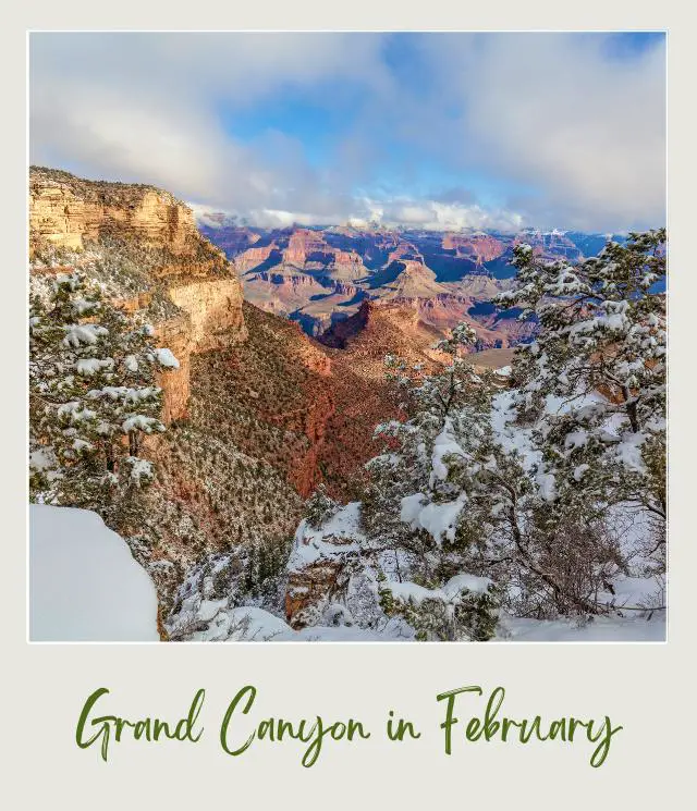 Rock mountains and trees covered with snow in Grand Canyon National Park.