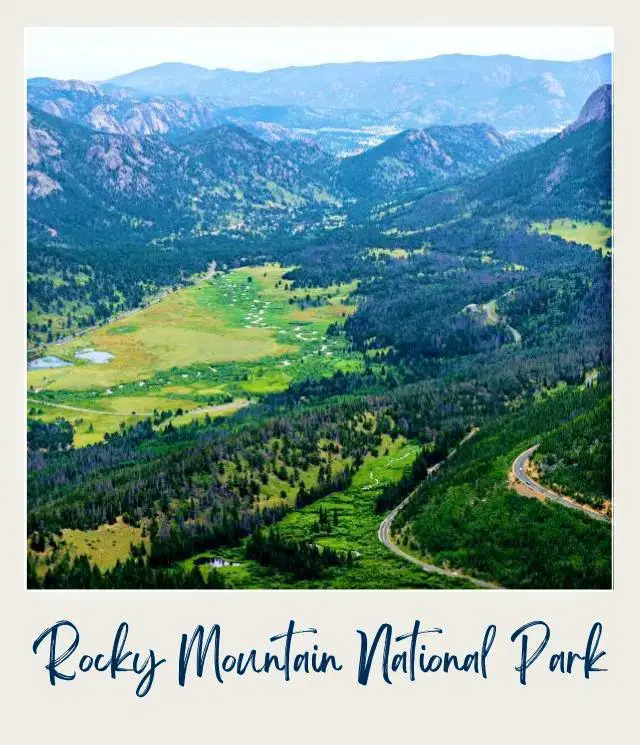 How to Get to Rocky Mountain National Park Aerial View of mountains, trees, and road in Rocky Mountain National Park.