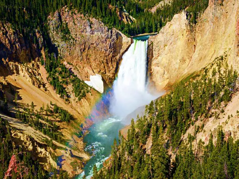 Water falls surrounded by rock cliffs and trees in Yellowstone National Park